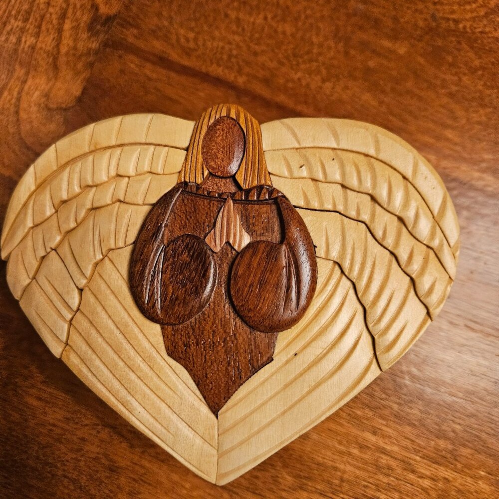 carver dans handcrafted wood angel puzzle box trinket box made in Vietnam